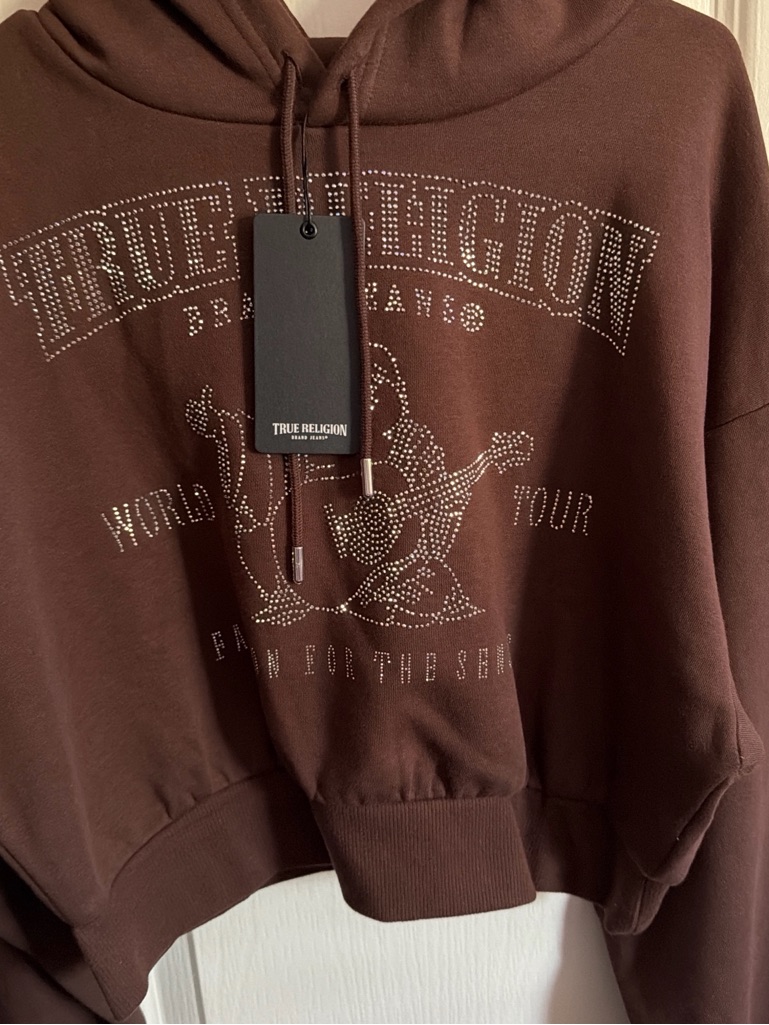 True Religion Womens Brown Crewneck Rhinestone Logo Sweatshirt